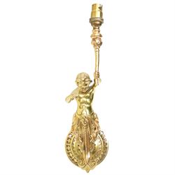 Victorian gilt brass converted gas valve, in the form of a cherub holding a torch, H28cm