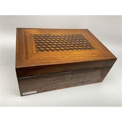 19th century satinwood writing slope, the cover with geometric chequered inlay, opening to reveal letter rack, compartments, photograph apertures, folding out to reveal a slope, H16.5cm L40.5cm D28cm
