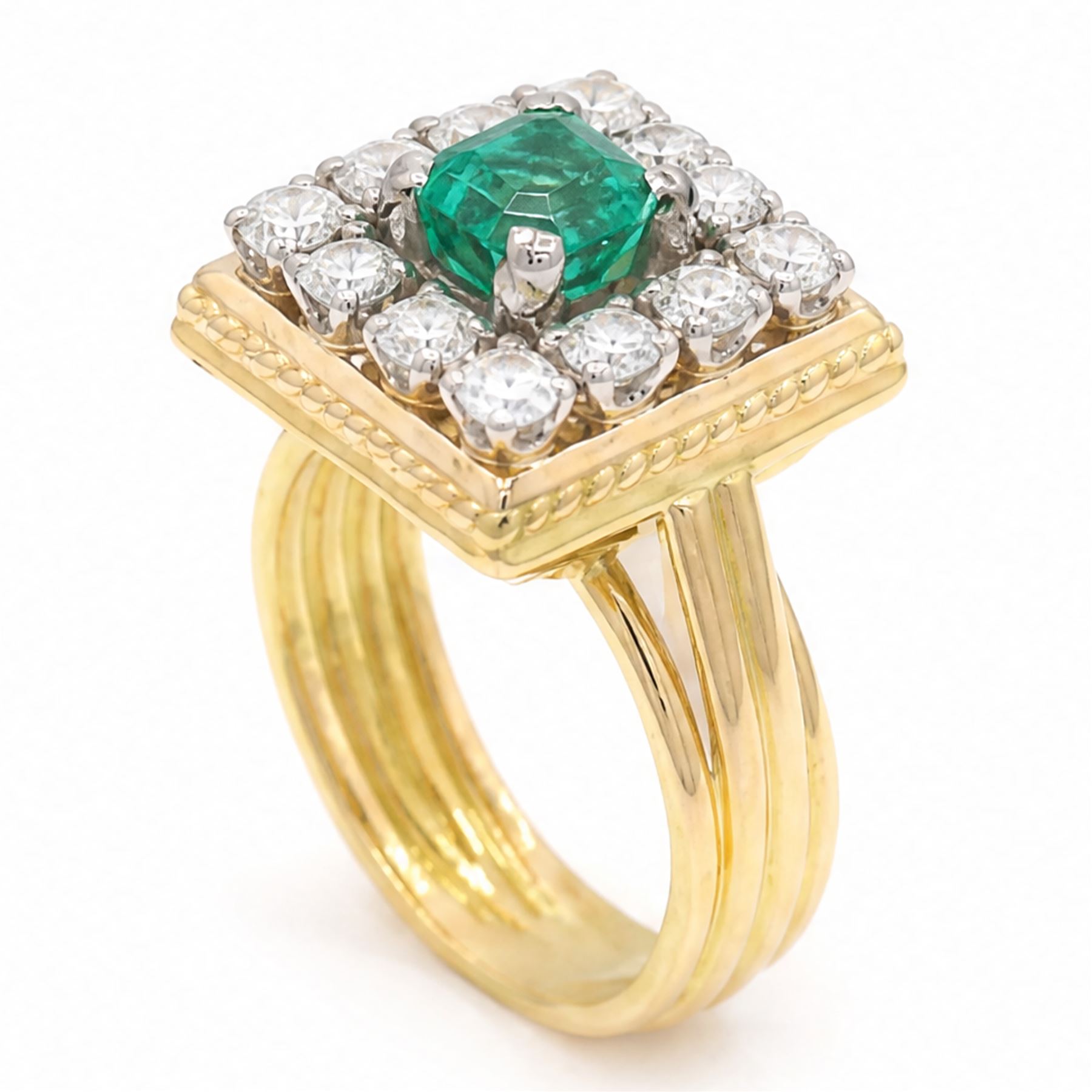 French 18ct gold emerald and diamond cluster ring, single octagonal cut emerald of approx 1.00 carat, surrounded by twelve round brilliant cut diamonds in a square setting, Eagle hallmark, total diamond weight approx 0.85 carat