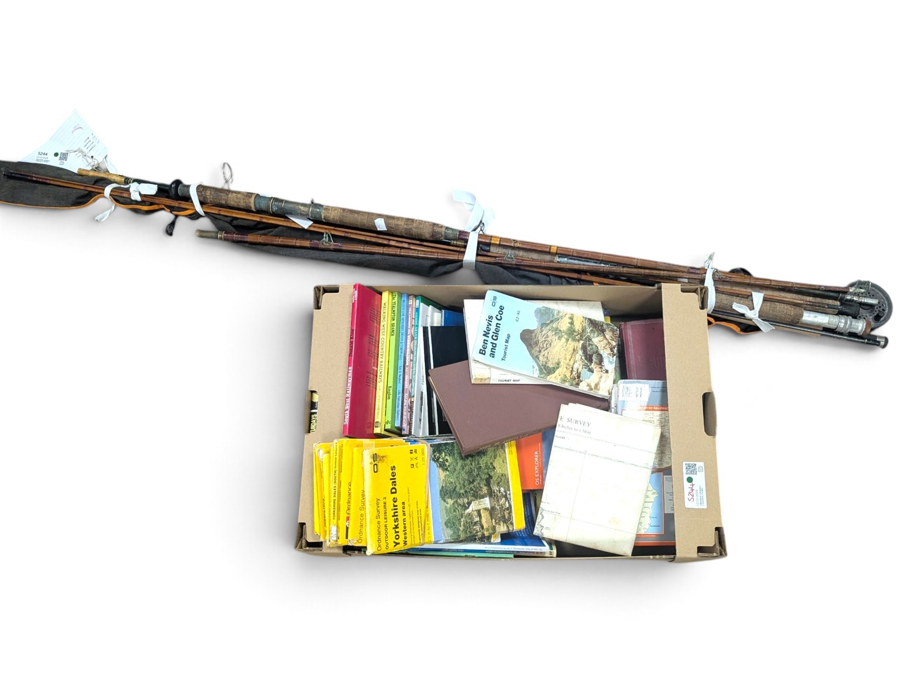Fishing rods including split cane, fly and The Midlander example, together with a collection of railway reference books and maps including Ordnance Survey