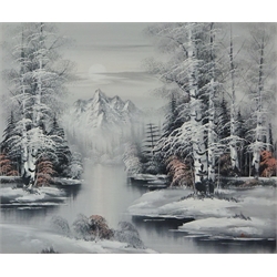  'Winter', oil on canvas board signed L Harding titled verso 49cm x 40cm and Moonlit Winter Landscape, oil on canvas board signed Bowy 49cm x 59cm (2)   