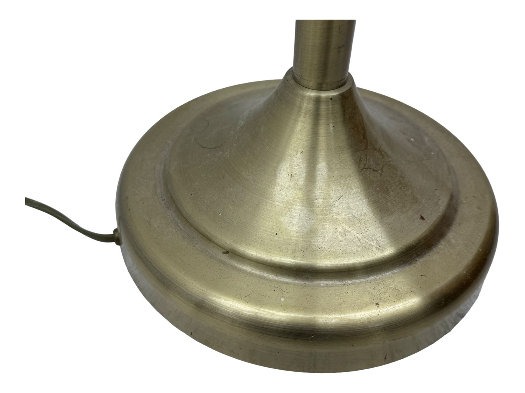 Contemporary brushed metal standard lamp, brass effect with cylindrical stem, on circular base, H131cm; matching table lamp, H35cm (2)