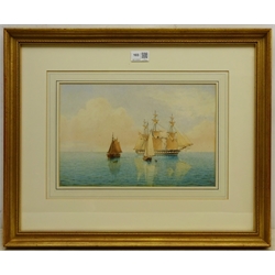 William Frederick Settle (British 1821-1897): British Frigate at Anchor with Sailing Barge in the foreground, watercolour signed with monogram and dated '85, 22cm x 33cm