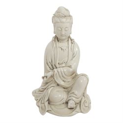 Three Chinese blanc de chine, each depicting Guanyin seated, Dehua province, two with double gourd and potters seal marks to the reverse 