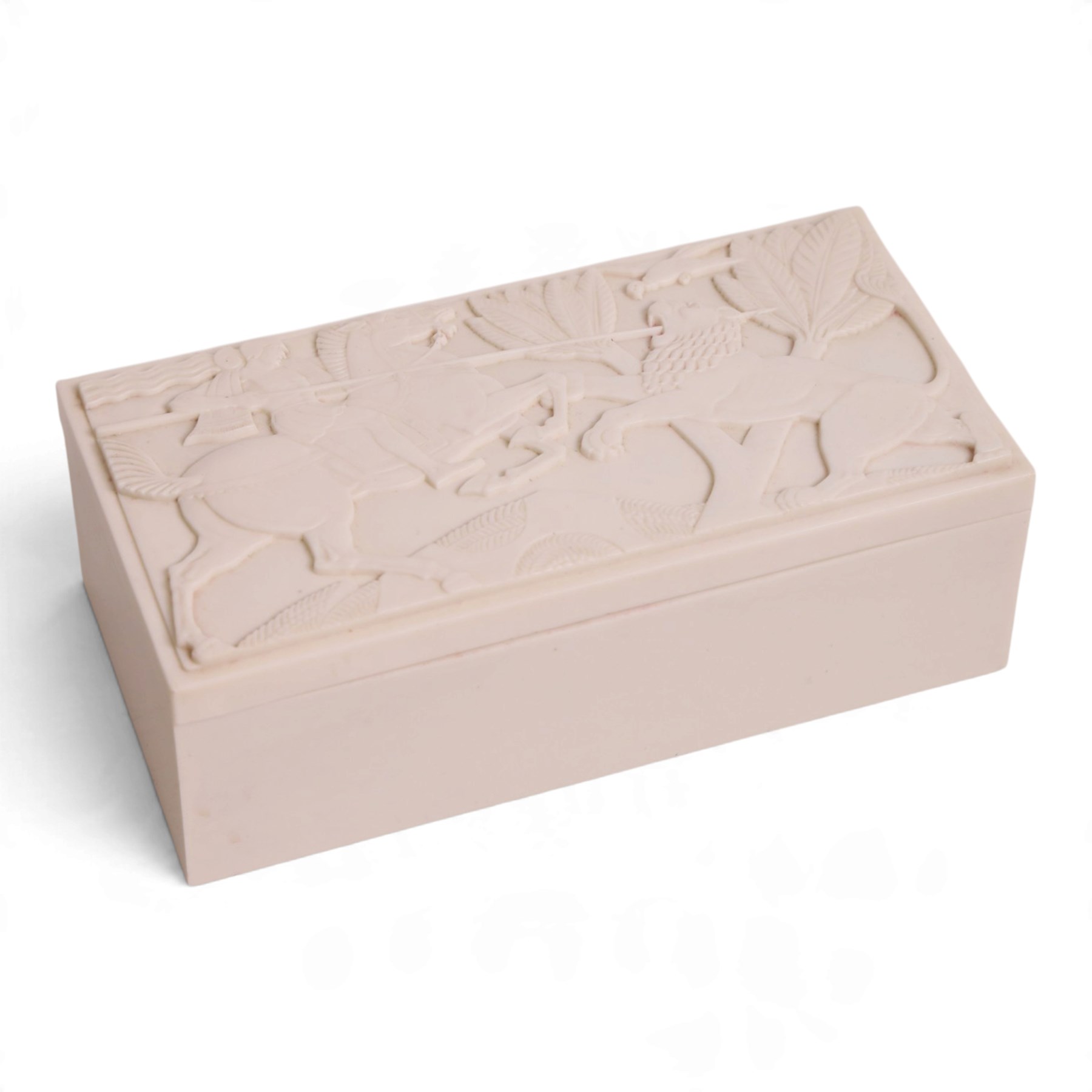 ELO Ware - Art Deco white Bakelite cigarette box, circa 1930's, the hinged lid decorated in low relief with mounted Horseback soldier spearing a lion, H6cm, L17cm