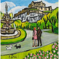 Phil Lewis (Northern British Contemporary): 'Edinburgh Castle Scotties Spring Stroll', oil and acrylic on canvas signed, titled verso 20cm x 20cm
