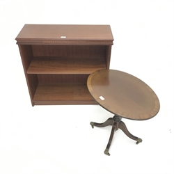 Sydney Smith narrow mahogany open bookcase, single shelf, platform base (W79cm, H75cm, D31cm) and a pedestal oval table (2)