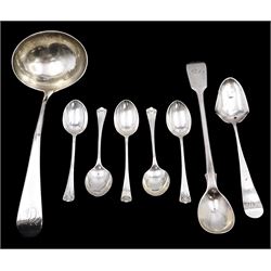 Collection of silver spoons, comprising George III Old English pattern sauce ladle, hallmarked George Smith (III) & William Fearn, London 1791, together with a Victorian long handled Fiddle pattern mustard spoon, hallmarked The Portland Co (Francis Higgins III), London 1859, a George III Old English pattern teaspoon, hallmarked Thomas Hayter, London 1807 and a set of five mid 20th century coffee spoons, each with embossed shell to terminal, hallmarked Atkin Brothers, Sheffield 1944