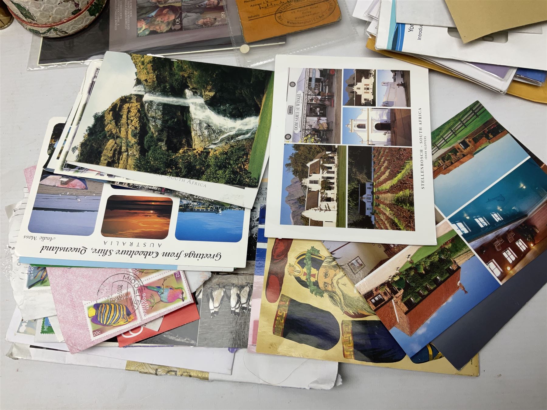 Pair of 9ct gold heart design hoop earrings and 9ct gold pearl earring together with a small collection of silver, costume jewellery and a collection of stamps including some useable postage 