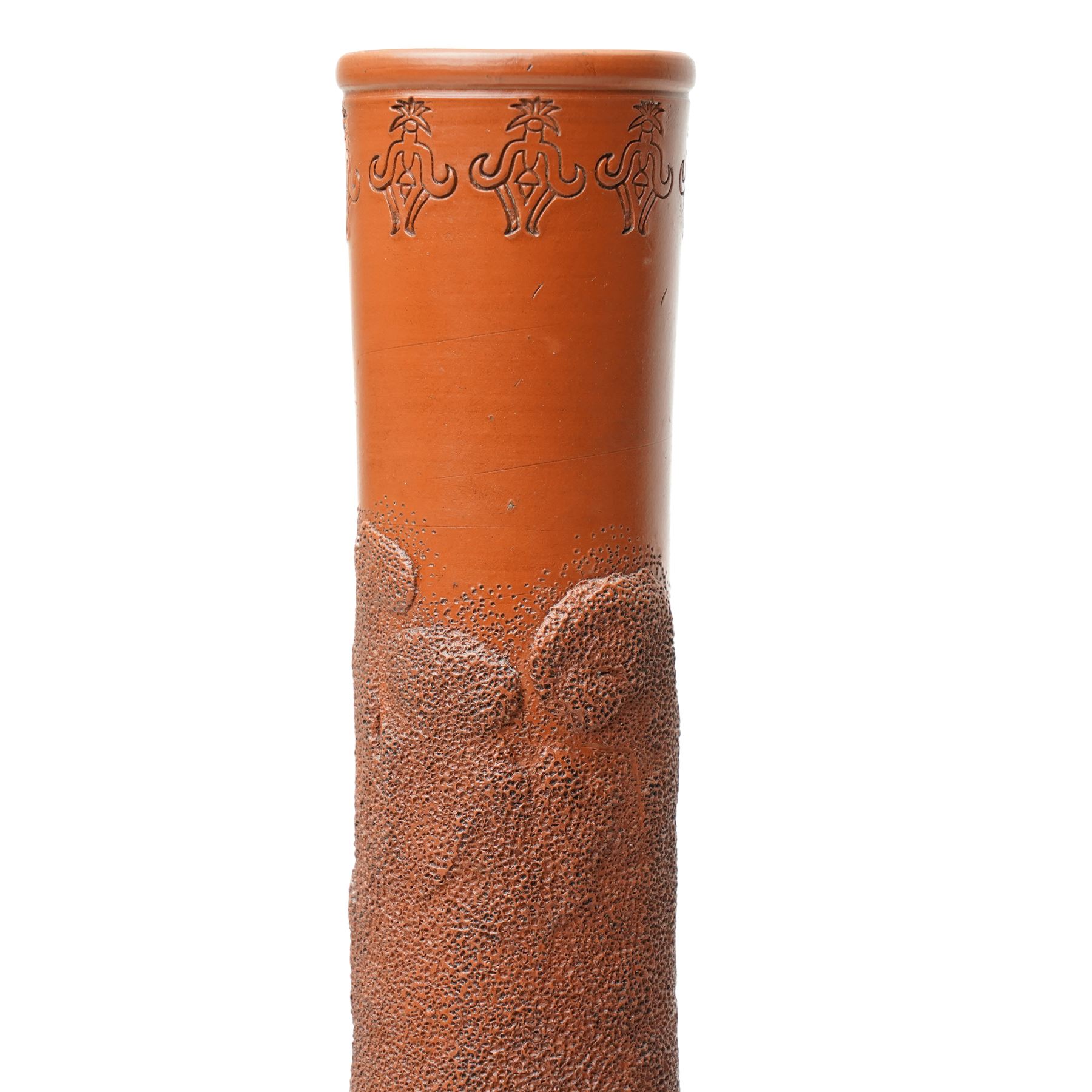 Pair of Chinese redware vases in the Yixing style, early 20th century, decorated with dragons among clouds, one bearing impressed marks to base, H30cm (2)