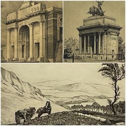 Graham Barry Clilverd (British 1883-1959): 'Wellington Arch Hyde Park' 'Horse and Cart over Bridge' and 'The Menin Gate Ypres', three etchings signed in pencil max 31cm x 22cm (3)