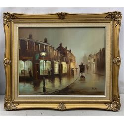 Barry Hilton (British 1941-): Edwardian Street Scene at Night, oil on canvas signed 39cm x 49cm 