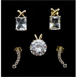 Pair of 10ct gold rose cut diamond pendant stud earrings, 9ct gold cublic zirconia pendant and pair of 9ct gold emerald cut cubic zircoinia earrings hallmarked, tested or stamped (3)