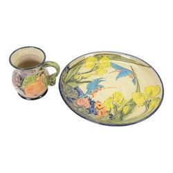 Paul Jackson Studio Pottery dished plate, decorated with Kingfishers and Koi fish amongst ...