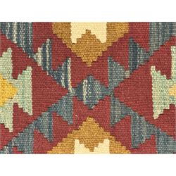 Maimana Kilim ground runner, multicoloured geometric medallions arranged in rows, with triangular motifs in the field, the wide border in brown with contrasting guard bands