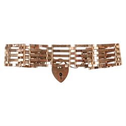 9ct gold five bar gate bracelet, with heart padlock clasp, hallmarked 