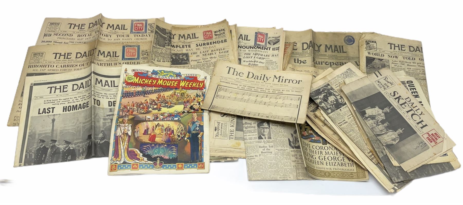 Collection of newspapers and cuttings to include first and second World War examples, Walt Disney Mickey Mouse Weekly Souvenir Coronation issue comic, dated May 30 1953 and other Coronation related news leaves