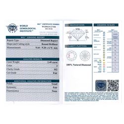Loose round brilliant cut diamond of 2.49 carat, SI2 clarity, I colour, with World Gemological Institute Certificate 