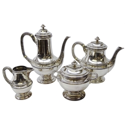  Early 20th century Christofle Gallia four piece silver-plated tea set decorated with flower finials, reeded panels and applied foliage, no.5236, c1900-1937, H25cm (4)  