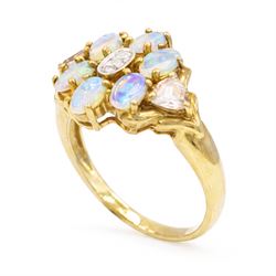 9ct gold opal, morganite and diamond cluster ring, three single cut diamond chips surrounded by six oval cut opals and two trilliant cut morganites, Birmingham 2007