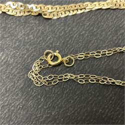 9ct gold jewellery, including gate bracelet, cross pendant, hoop earrings, two chain necklaces and a sapphire pendant necklace