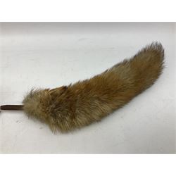 Taxidermy: Red fox mask (Vulpes vulpes), with mouth agape bearing teeth and ears back, mounted upon wooden shield, with brush, shield H24cm
