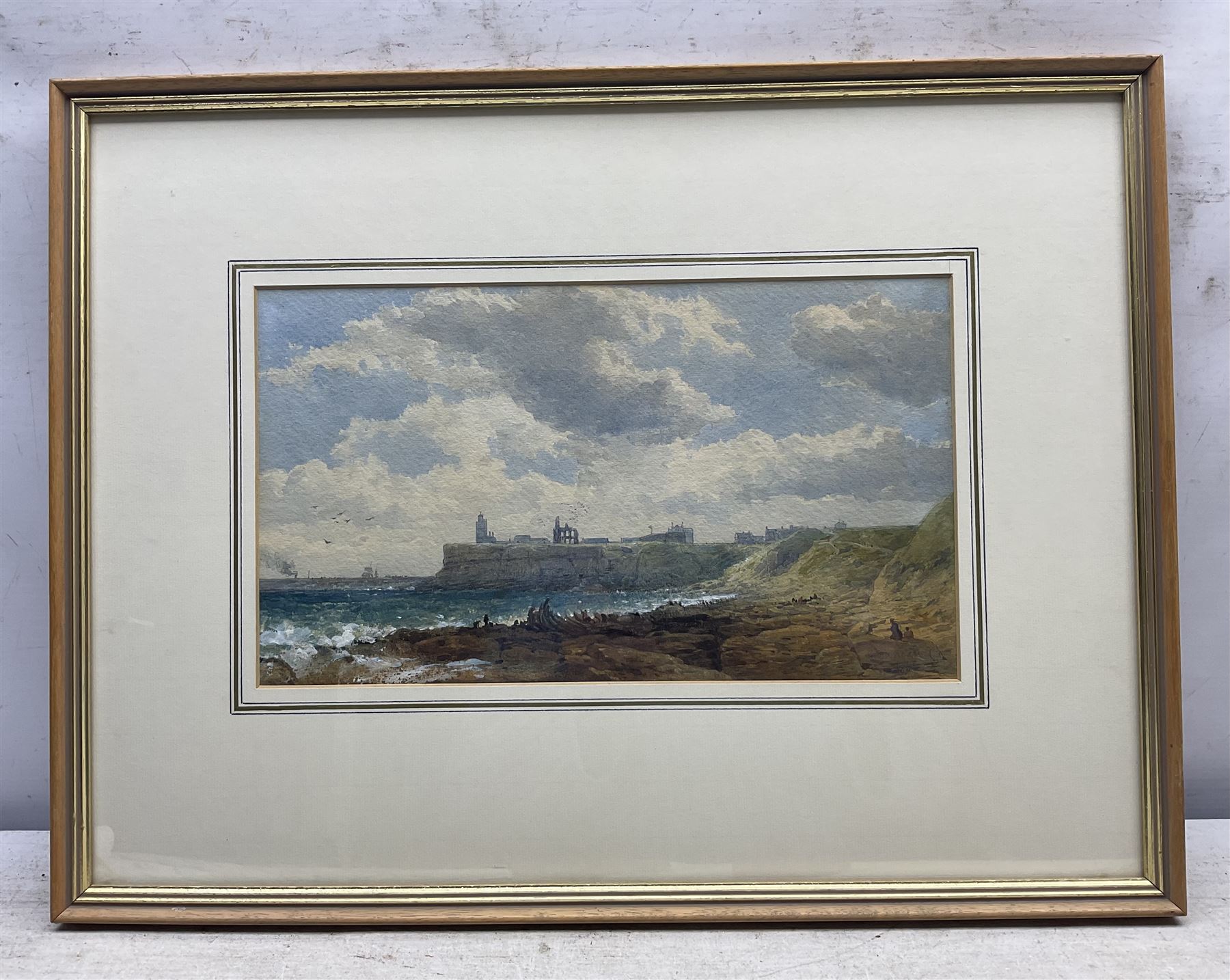 Edward Duncan (British 1803-1882): 'View of Tynemouth Harbour Showing the Ruins of the Mediaeval Monastery', watercolour signed and dated 1867, 20cm x 34cm 