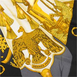Hermes 'Soleil de Soie' or 'Silk Sun' silk scarf, in navy and gold colourway, designed by Caty Latham, 65cm x 65cm, in original Hermes box