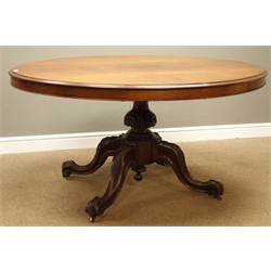  Victorian mahogany tilt top loo table, oval moulded top, turned and carved column, four splayed legs, 147cm x 107cm, H75cm  