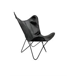 Butterfly Chair, black finish metal frame with stitched slung leather cover