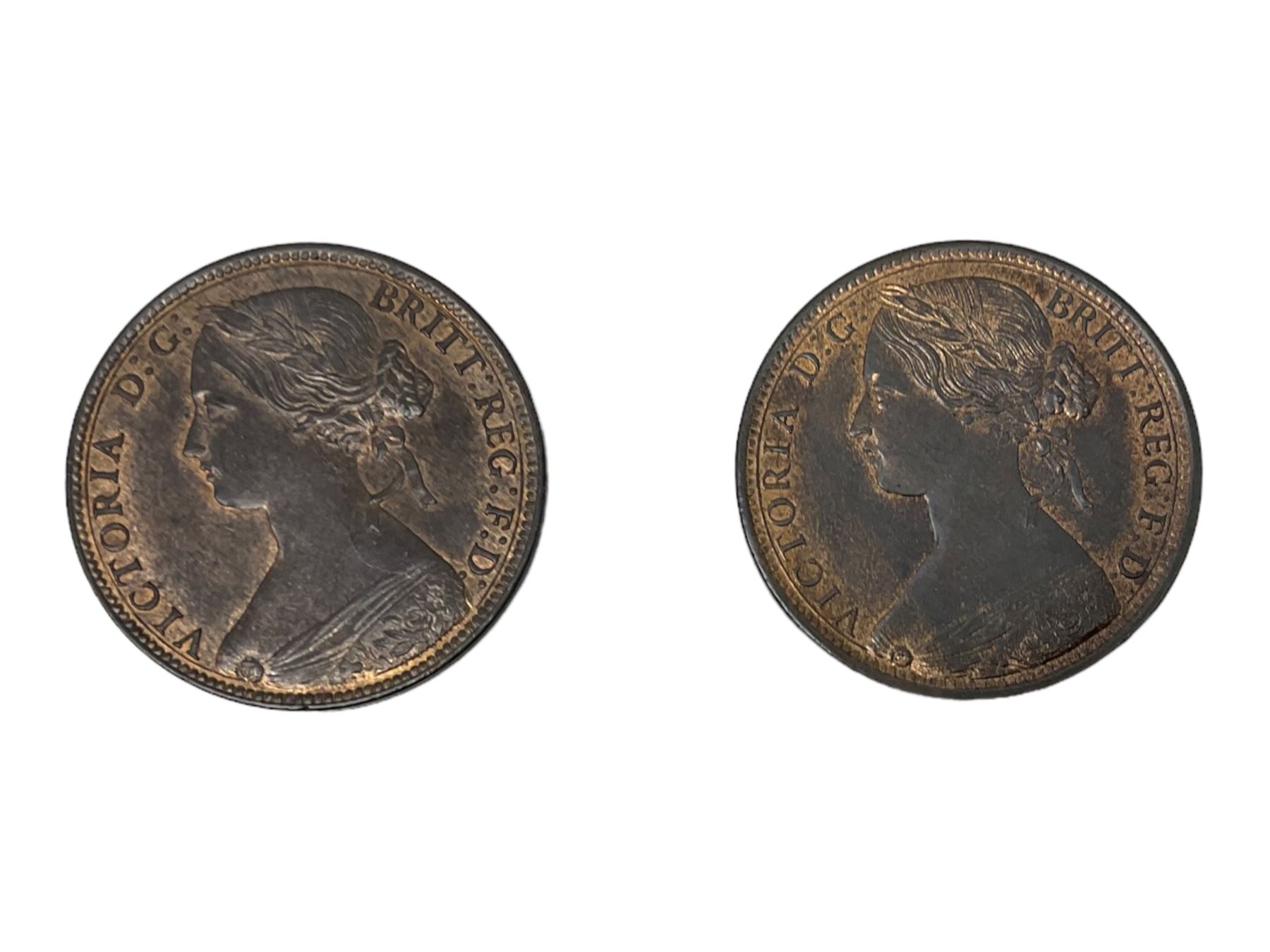 Two Queen Victoria 'bun head' penny coins, dated 1860 and 1862