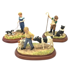 Three Border Fine Arts figure groups, comprising of Leading Hand B0297, Puppy Training A4063 with box, Come By Shep! B0296, all on wooden bases. 