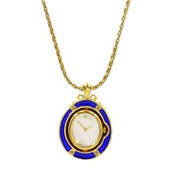 Silver-gilt blue enamel and pearl watch pendant necklace, hallmarked