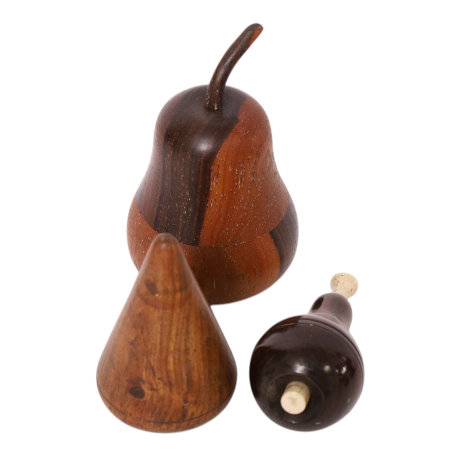 Group of treen, comprising, Mauchline ware coin box, box modelled as pear, egg cup, butter stamp, bell push, sewing implement, weaving tool, and box modelled as book