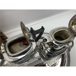 Walker and Hall silver plated tea set, comprising coffee pot, teapot, milk jug and sucrier, together with silver plated tray and a wooden clock with barley twist decoration, clock H28cm