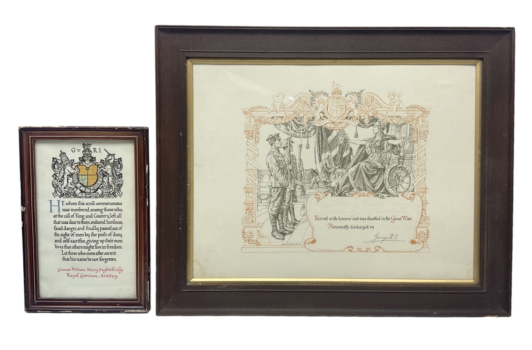 George V WW1 Memorial Scroll to Gunner William Henry Oughtibridge Royal Garrison Artillery; and WW1 Lincolnshire Regiment Disabled Honourable Discharge certificate with indistinct faded inscription; both framed (2)