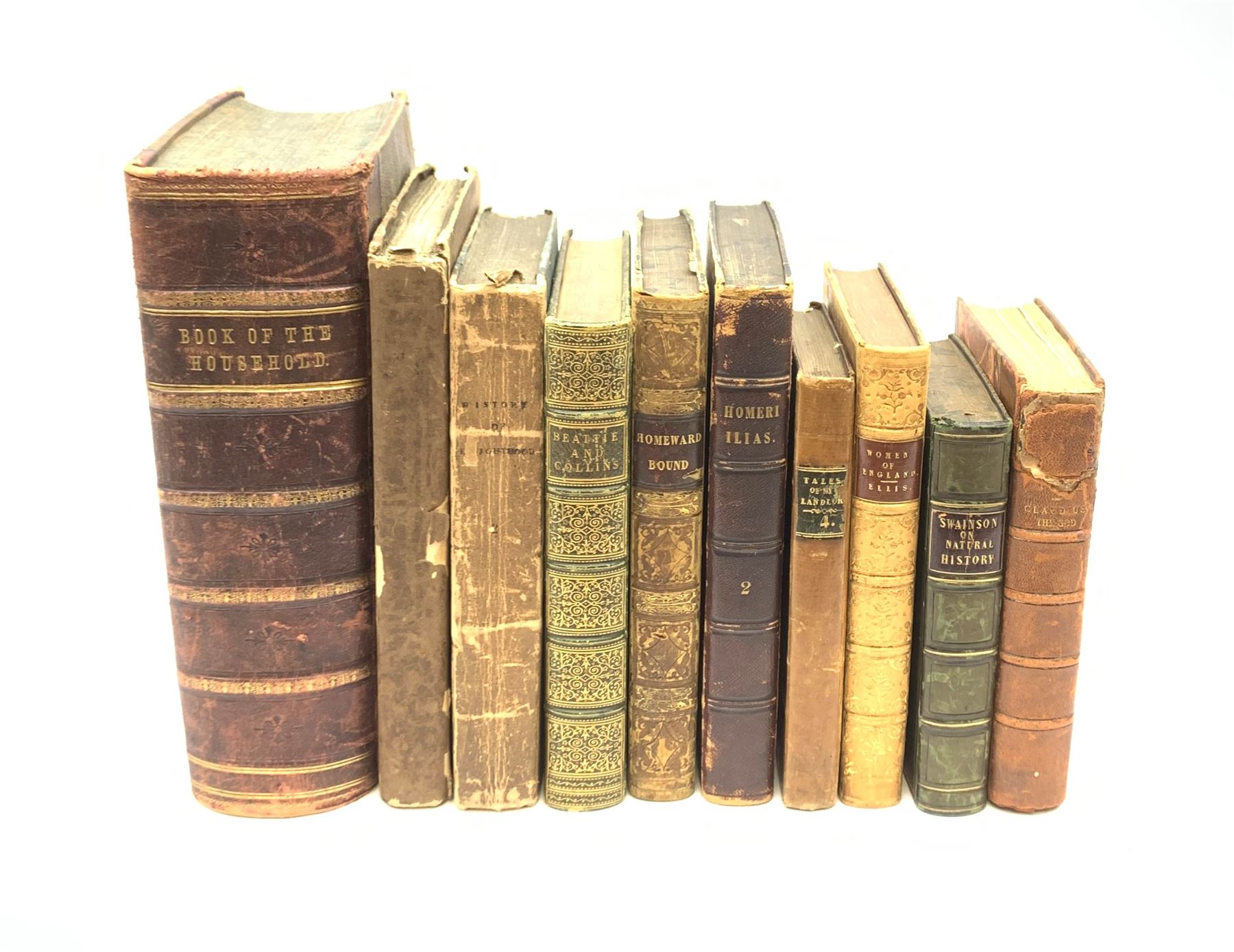 The Book of the Household with half leather binding; seven other 19th century leather bound books including The Poetical Works of James Beattie and William Collins; Homeward Bound by J. Fenimore Cooper; The Cabinet of Natural History by William Swainson; The Women of England by Mrs. Ellis etc; and two other books (10)