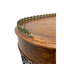 Victorian walnut kidney-shaped writing desk, moulded top with floral cast brass gallery and inset leather writing surface, fitted with three frieze drawers with turned handles, shaped and pierced end supports on raised platforms terminating to splayed feet, united by twist turned and lobe carved stretcher, brass and ceramic castors 