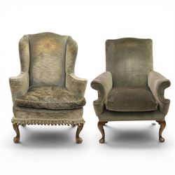 Pair of Georgian style wing armchairs, upholstered in green velvet, each with shaped wing ...