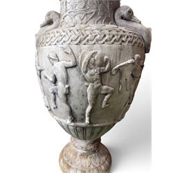 Early 20th century painted plaster classical urn, detailed with swan necks and mythical scenes