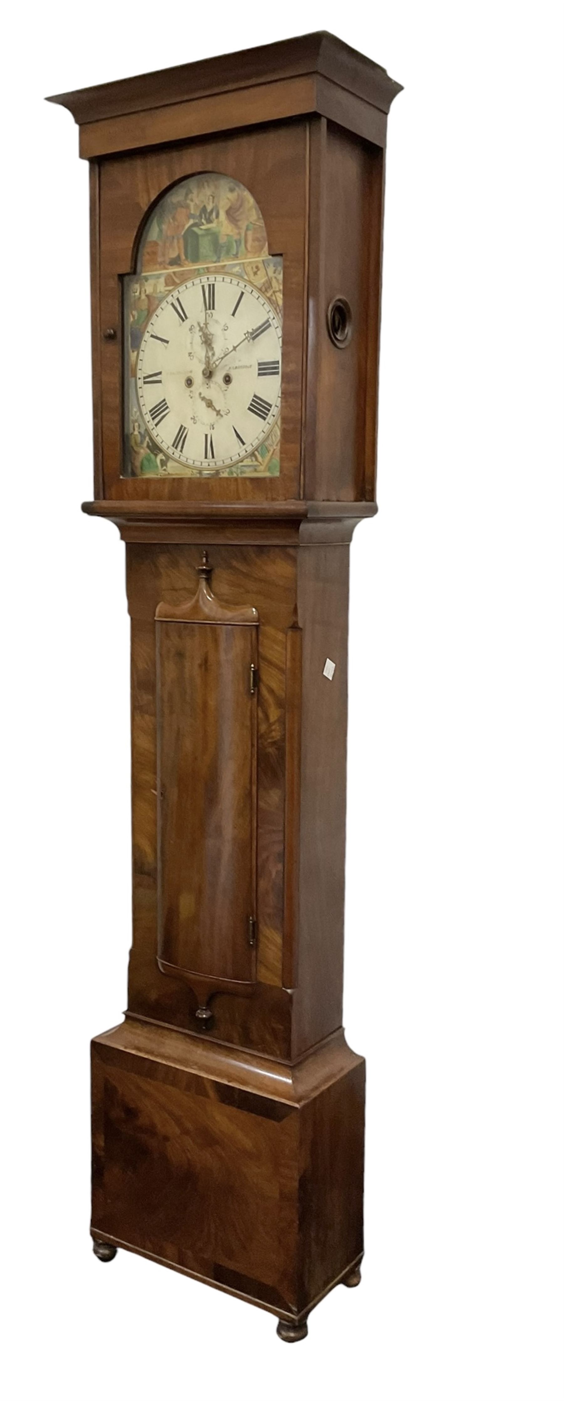 John Cameron & Son of Kilmarnock - late 19th century mahogany longcase clock c1870, with a flat topped pediment and blind frieze beneath, rectangular break arch hood door and sound frets to the hood sides, trunk with canted corners and a convex door with cushion mouldings, on a square plinth raised on turned bun feet, painted dial with a depiction of the abdication of Mary Queen of Scots to the arch and the four regions of the united Kingdom to the spandrels, with Roman numerals, minute track, date and seconds dials and stamped brass hands, dial pinned to a rack striking movement, striking the hours on a bell. With weights and pendulum. 
