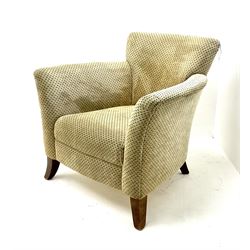 Bucket armchair, upholstered in patterned fabric, shaped supports 