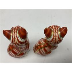 Two Royal Crown Derby Ginger Tom cat paperweights, one with gold stopper and one with silver, both with printed marks beneath, H13cm