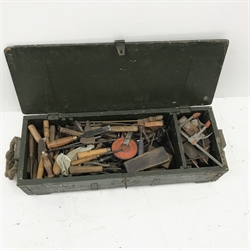 Pine military mechanics box with quantity of vintage woodworking tools, W98cm, H21cm, D39cm
