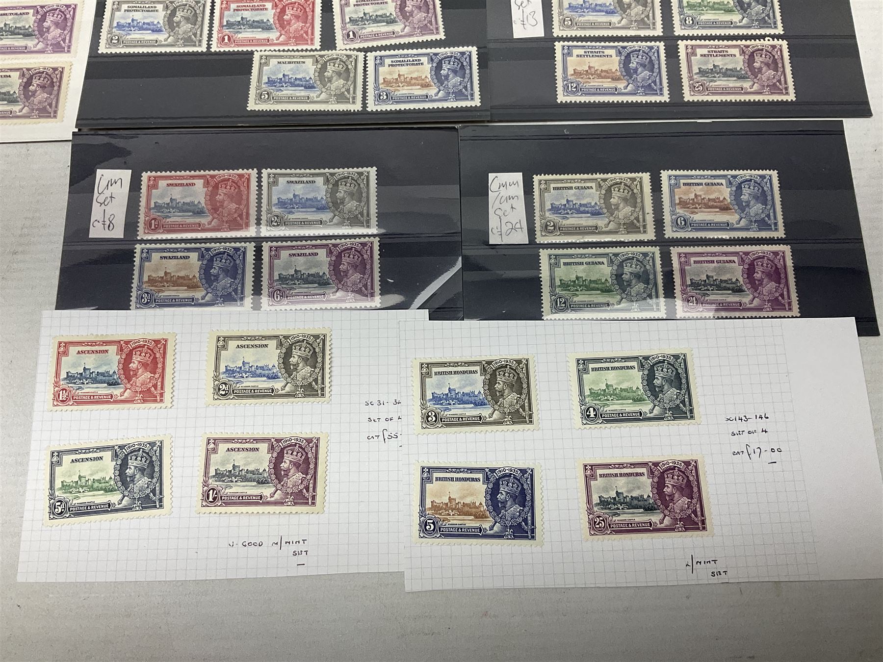 King George V 1910-1935 Silver Jubilee stamps, including Antigua, Basutoland, Cayman Islands, Fiji, Nyasaland, Jamaica, St Helena, Seychelles, Swaziland, St Lucia, British Guiana etc, housed on pages and stockcards 