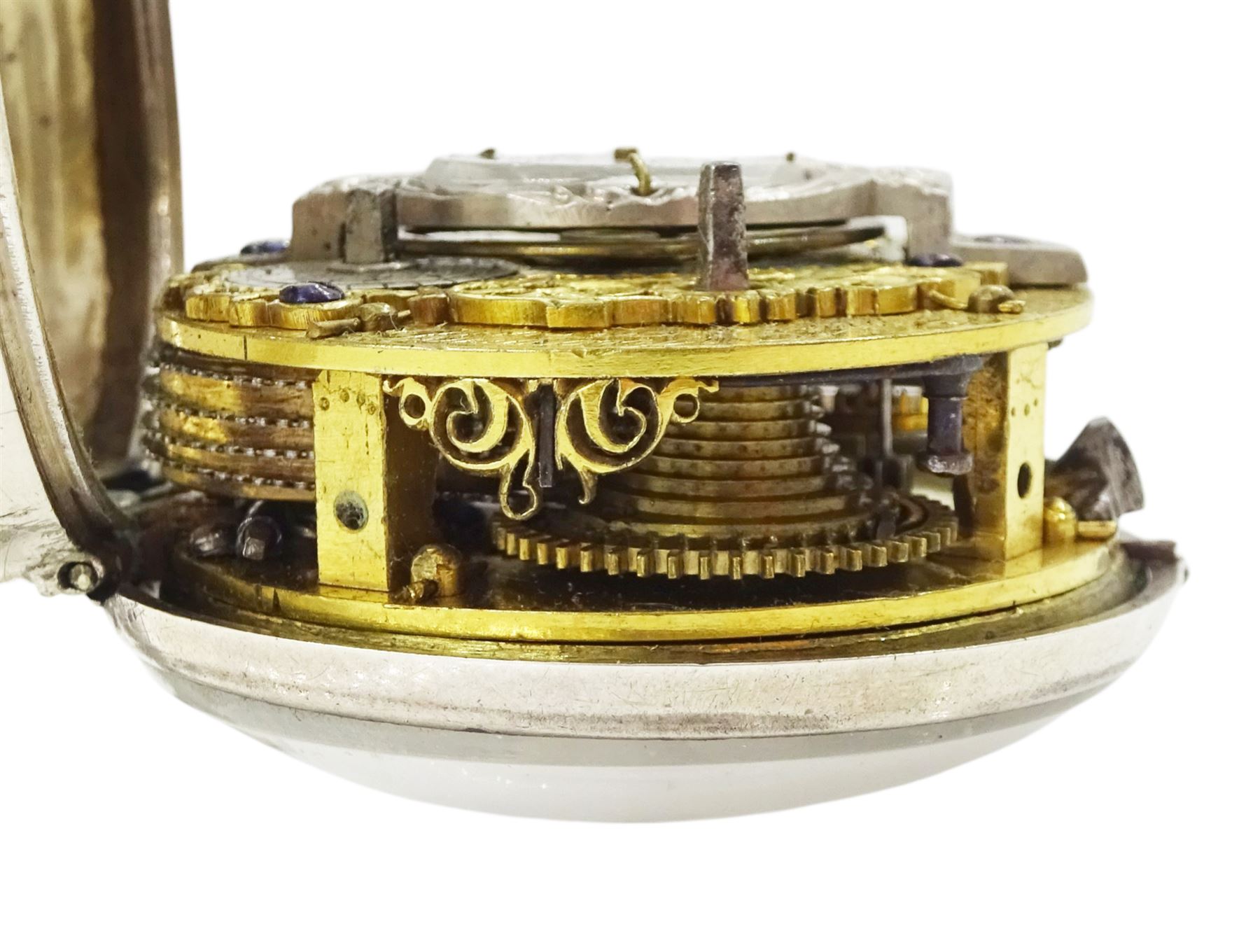 George III silver pair cased mock pendulum verge fusee pocket watch by William Crayton, London, No. 7391, the balance cock embossed with cherub decoration, white enamel dial with Arabic numerals and bull's eye glass, case by Thomas Sones, London 1761
