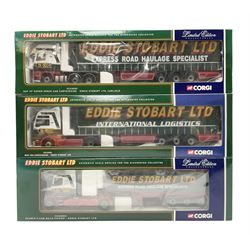 Corgi Eddie Stobart - three lorries; limited edition CC12802 Scania T-Cab Bulk Tipper; limited edition CC13201 DAF XF Super Space Cab Curtainside; and CC13401 MAN TGA Curtainside; all boxed (3)