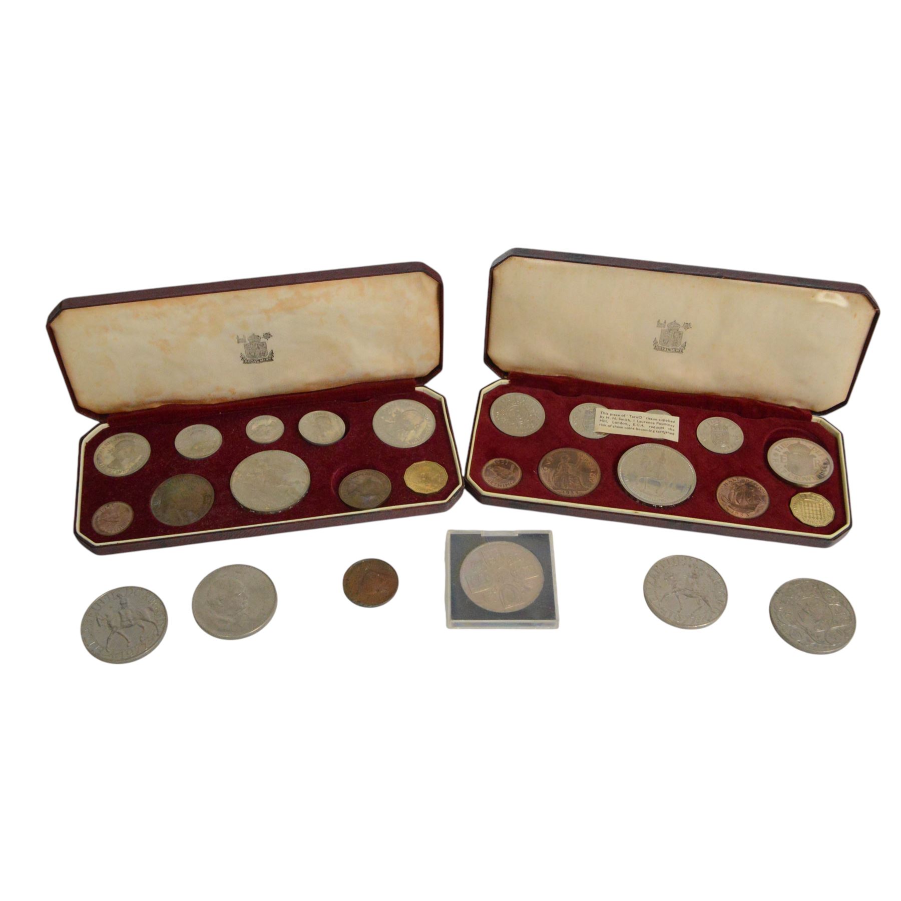 Two Queen Elizabeth II 1953 proof ten coin sets, crown to farthing, in original cases, and some further commemorative crowns