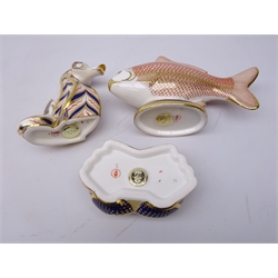  Three Royal Crown Derby paperweights: Carp dated 1986, Seahorse dated 1992 and Crab dated 1988, gold stoppers (3)  