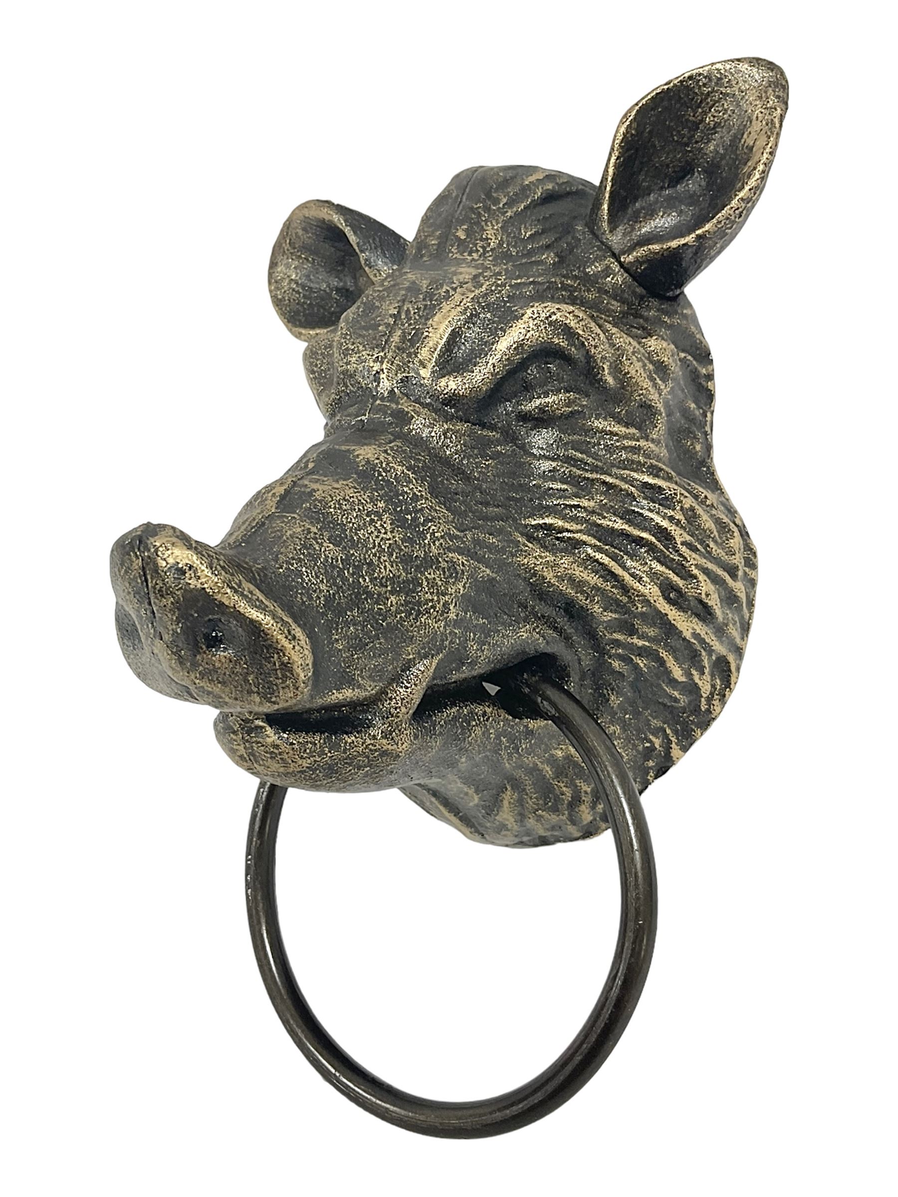 Bronzed effect painted cast iron wall hanging Boar head with metal ring, H24CM